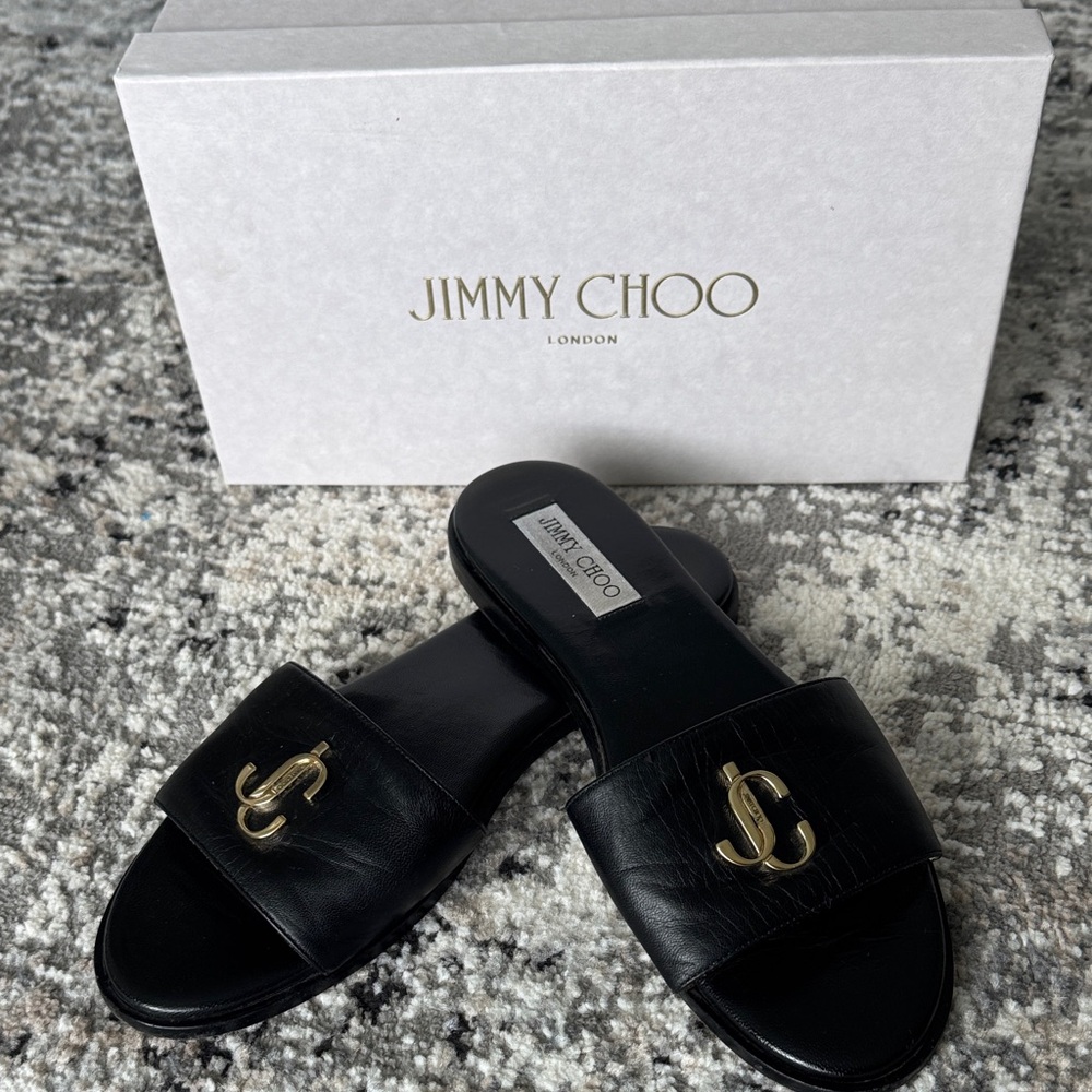 Jimmy Choo Black Slides with Gold Emblem